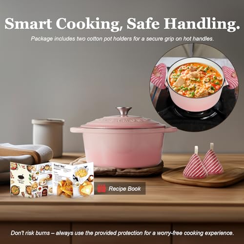 Overmont Enameled Cast Iron Dutch Oven - 7QT Pot with Lid Cookbook & Cotton Potholders - Heavy-Duty Cookware for Braising, Stews, Roasting, Bread Baking pink - Image 2