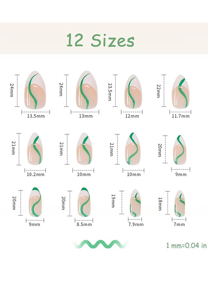 SYOSI 24 Pcs Almond French Nails Maiden Medium Length Stick on Nude White Stripes Acrylic Press Green Swirl Artificial Abstract Nail Art Tips for Women and Girls - Image 2
