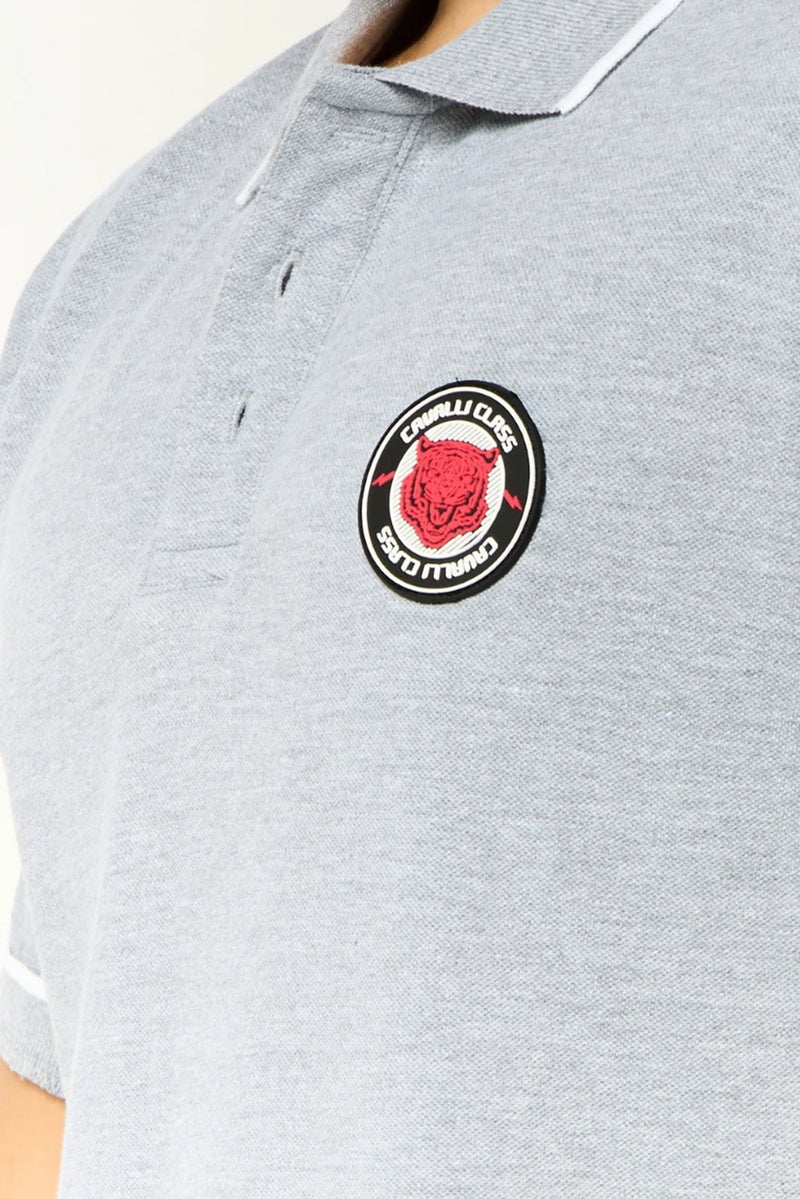 Cavalli Class Men Regular Fit Brand Logo Short Sleeves Polo Shirt, Grey - Image 3