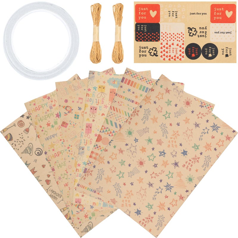 6 Pcs Colorful Gift Wrap Paper, Birthday Gift Wrapping Set Recycle Environmentally Friendly Brown Paper Wrapping Paper Enduring Reusable Wrapping Paper Rolls for Birthday Baby Shower Party