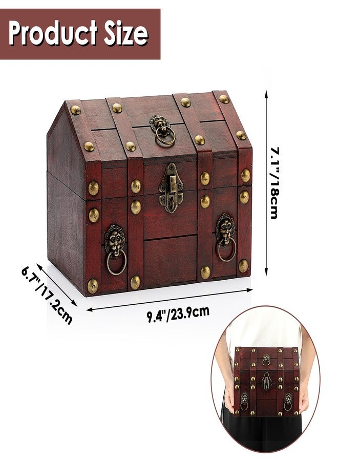 ELLDOO Vintage Treasure Chest Box, Pirate Keepsakes Box for Kids Gifts Pirate Theme Party, Wooden Treasure Storage Box Decorative Box for Jewelry Pearl Trinkets, Vintage Red - Image 2