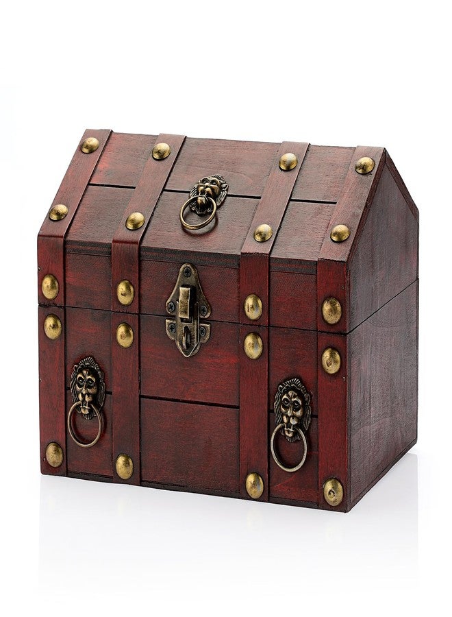 ELLDOO Vintage Treasure Chest Box, Pirate Keepsakes Box for Kids Gifts Pirate Theme Party, Wooden Treasure Storage Box Decorative Box for Jewelry Pearl Trinkets, Vintage Red - Image 1