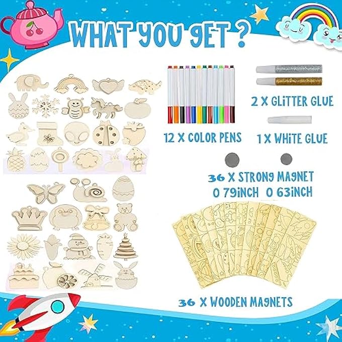 DIY WOODEN MAGNET PAINTING CRAFT KIT,36 WOOD PAINTING CRAFT KIT AND ART SET FOR KIDS BOYS AND GIRLS AGES 3+, PAINTING CRAFT ACTIVITIES KIT, CRAFT TOYS GIFTS FOR 3, 4, 5, 6, 7, 8+ YEAR OLD KIDS - Image 3