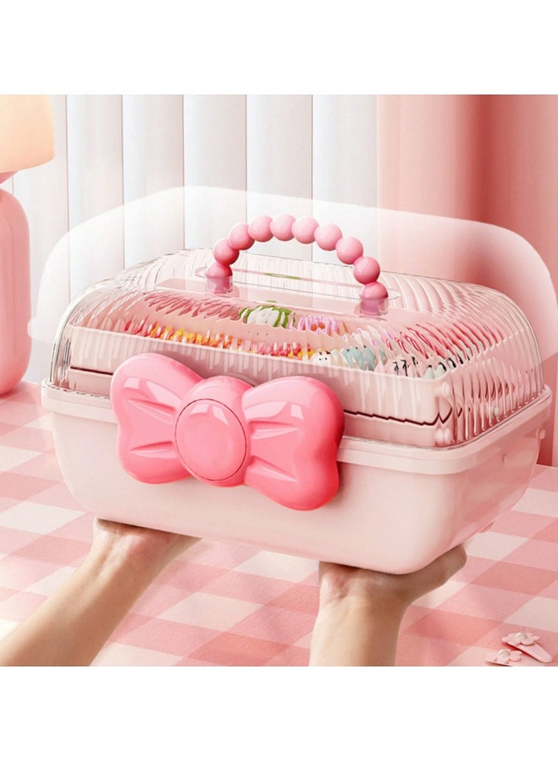 علبة تخزين إكسسوارات للبنات – صندوق وردي متعدد الطبقات بغطاء شفاف وفيونكة | منظم مجوهرات وأدوات شعر وأغراض صغيرة - Image 1