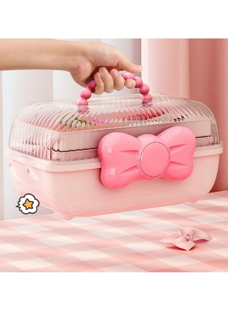 علبة تخزين إكسسوارات للبنات – صندوق وردي متعدد الطبقات بغطاء شفاف وفيونكة | منظم مجوهرات وأدوات شعر وأغراض صغيرة - Image 3