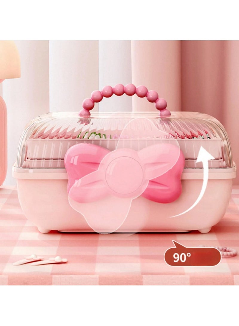 علبة تخزين إكسسوارات للبنات – صندوق وردي متعدد الطبقات بغطاء شفاف وفيونكة | منظم مجوهرات وأدوات شعر وأغراض صغيرة - Image 4
