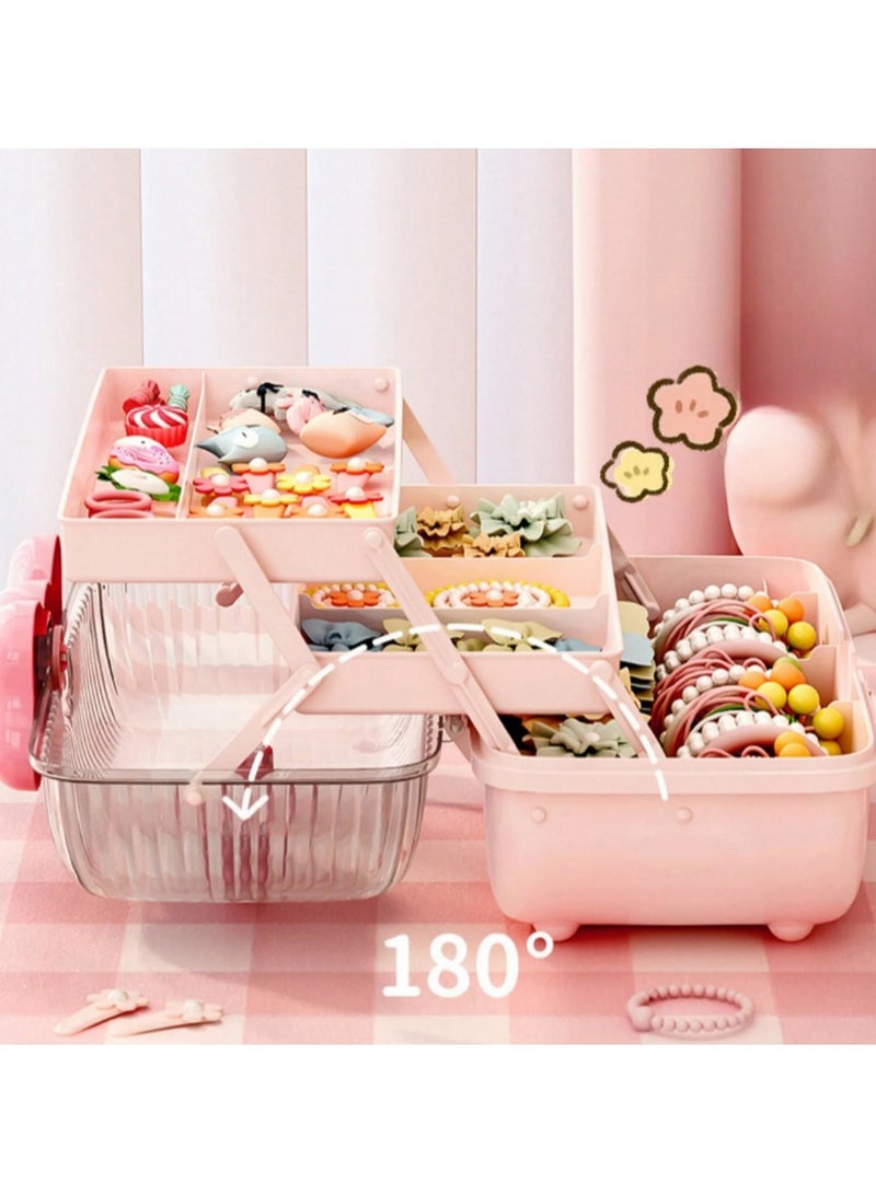 علبة تخزين إكسسوارات للبنات – صندوق وردي متعدد الطبقات بغطاء شفاف وفيونكة | منظم مجوهرات وأدوات شعر وأغراض صغيرة - Image 5