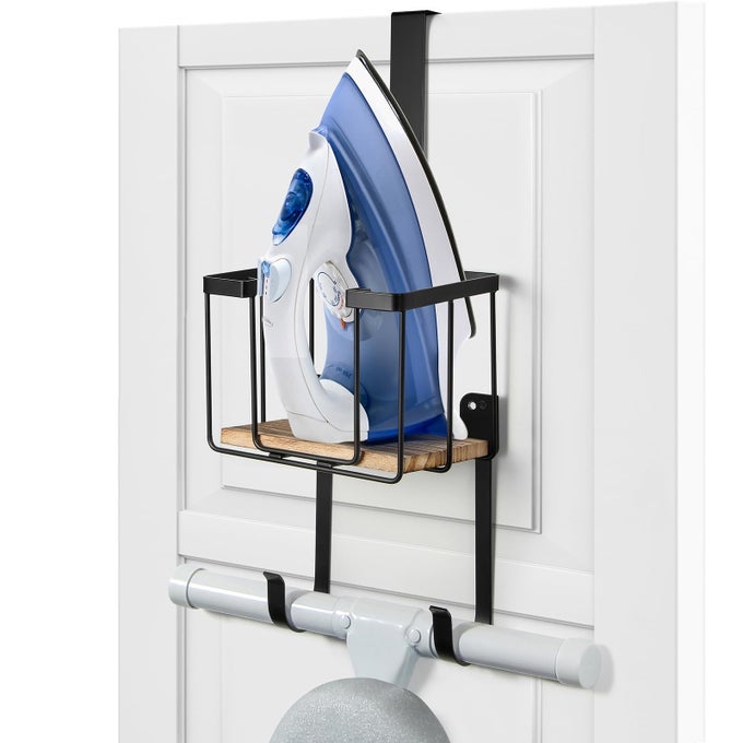 WALL MOUNTOVER THE DOOR IRONING BOARD HOLDER WITH LARGE STORAGE BASKET LAUNDRY ROOM IRON AND IRONING BOARD HOLDER STORAGE HOLDER BLACK MIDDLE