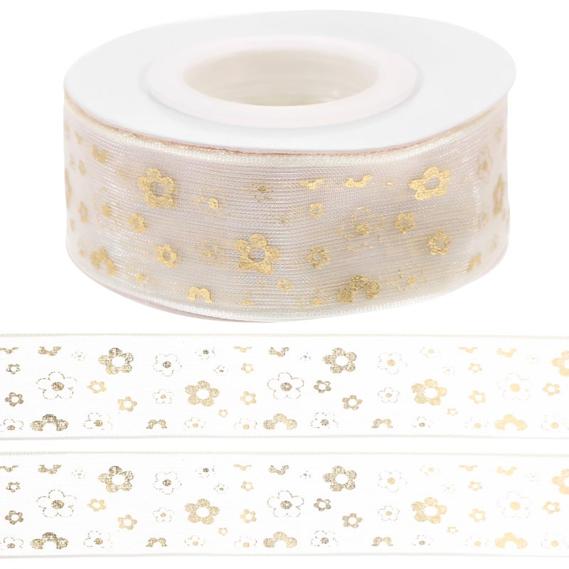 Ivory Chiffon Craft Ribbon 2 5cm X 9m Gold Foil Floral Pattern For DIY Gift Wrapping - Image 2