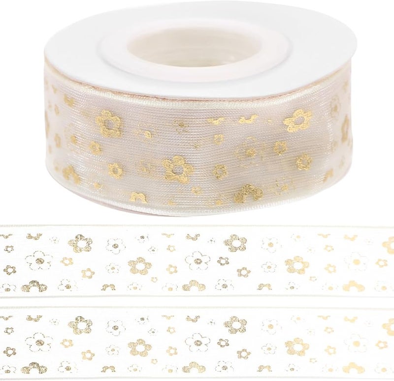 Ivory Chiffon Craft Ribbon 2 5cm X 9m Gold Foil Floral Pattern For DIY Gift Wrapping - Image 1