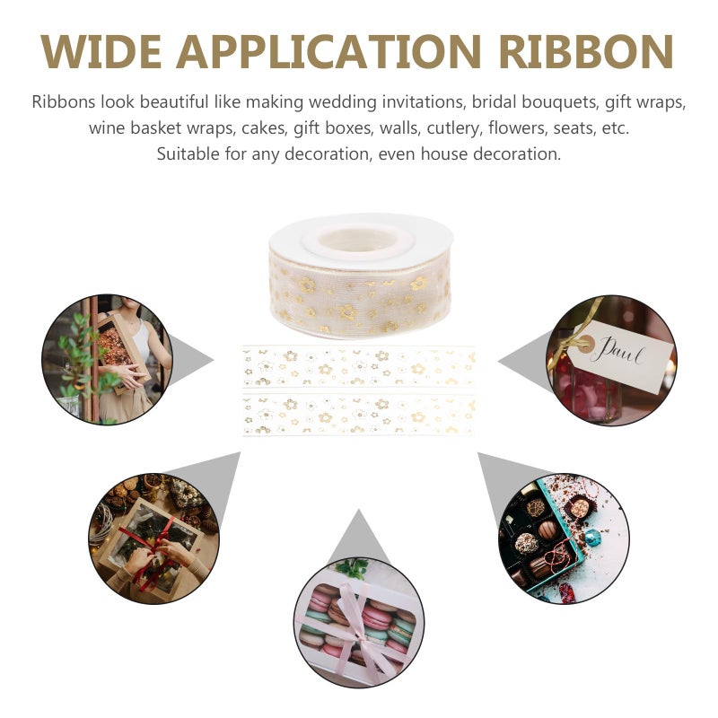 Ivory Chiffon Craft Ribbon 2 5cm X 9m Gold Foil Floral Pattern For DIY Gift Wrapping - Image 4