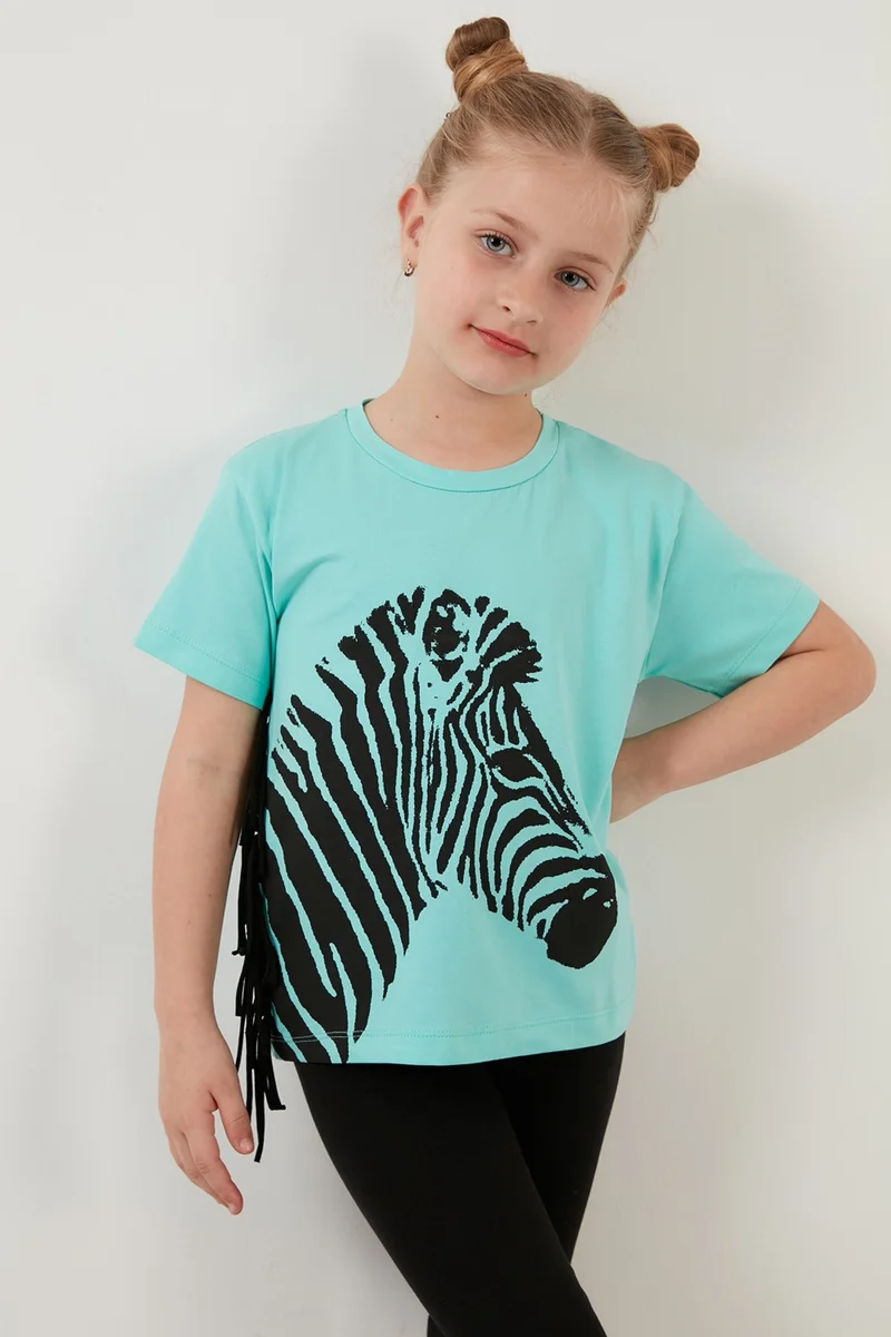 ليلا Cotton Printed Tassel Detailed Crew Neck T Shirt Girl's T Shirt 6211021