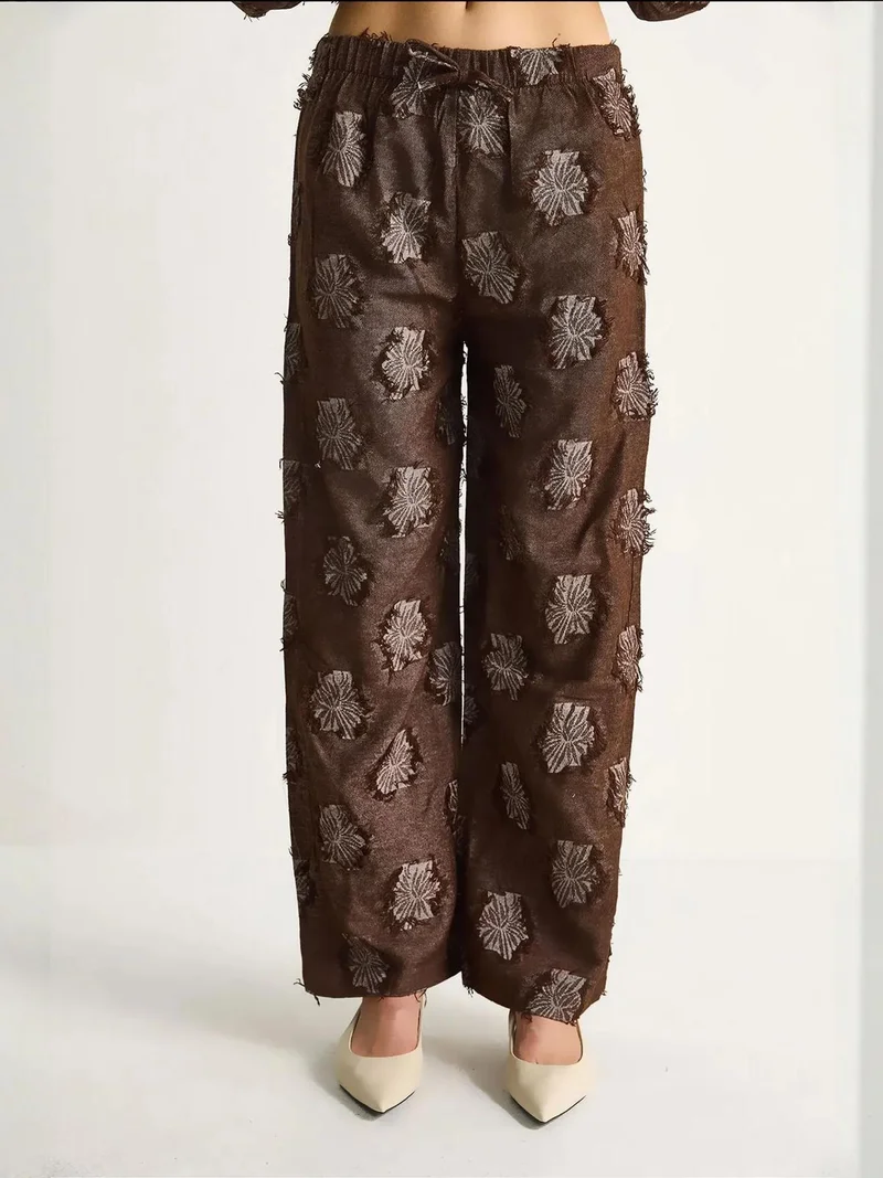 Bianco Lucci Coffee Brown LUCCI Embroidered Oversized Shirt and Wide Leg Trousers Co-Ord Set for Women | Best Price UAE