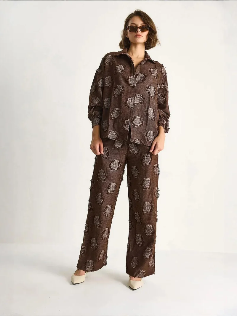 Bianco Lucci Coffee Brown LUCCI Embroidered Oversized Shirt and Wide Leg Trousers Co-Ord Set for Women | Best Price UAE