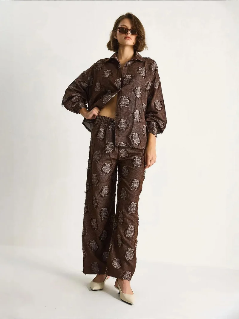 Bianco Lucci Coffee Brown LUCCI Embroidered Oversized Shirt and Wide Leg Trousers Co-Ord Set for Women | Best Price UAE