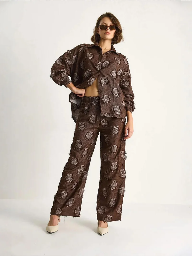 Bianco Lucci Coffee Brown LUCCI Embroidered Oversized Shirt and Wide Leg Trousers Co-Ord Set for Women | Best Price UAE