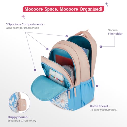 Genie Gaze School Backpack for Girls |19 In-36 Ltr with Three Compartments, Side Pockets and Light Weight with Padded Shoulders |Best for Books,Stationery,Lunch Box & Essentials - Blue - Image 3
