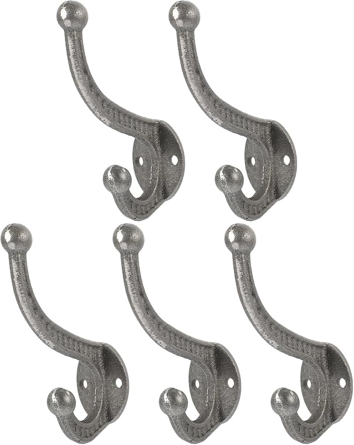 Heavy Duty Cast Iron Wall Hooks Vintage Double Headed Coat Hangers 5 Pack Rustic Decor - Image 1