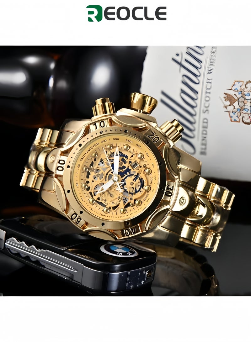 ريوكل ساعة كوارتز للرجال من الفولاذ المقاوم للصدأ بمينا مضيئة وتصميم مجوف وكرونوغراف وتاريخ وساعات يد رسمية مقاومة للماء للرجال - Image 1