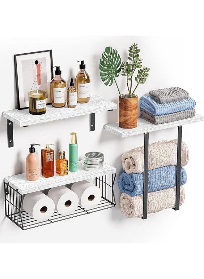 Arabest Floating Shelves Wall Mounted Over Toilet,Bathroom Shelf with Towel Rack Paper Holder Storage - Rustic Wood Farmhouse Shelves for Wall Decor/Bathroom (White) - Image 1