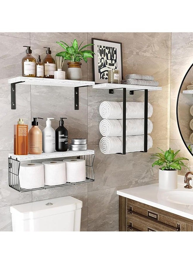 Arabest Floating Shelves Wall Mounted Over Toilet,Bathroom Shelf with Towel Rack Paper Holder Storage - Rustic Wood Farmhouse Shelves for Wall Decor/Bathroom (White) - Image 2