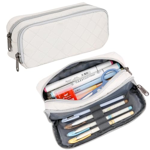 Della Gao Pencil Case Large Capacity Pencil Pouch Soft Quilted Pen Bag Office Stationery Organizer Sturdy Pencil Bag for Men Women - Beige - Image 1