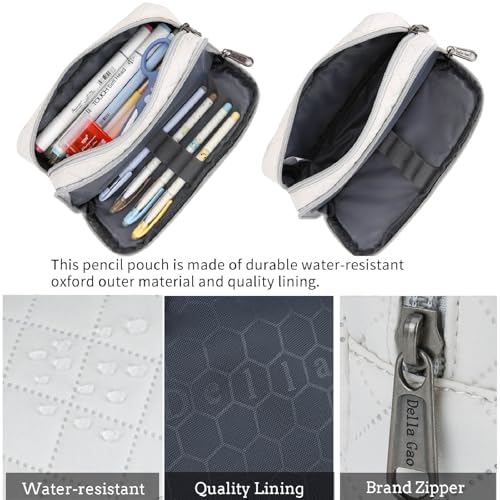 Della Gao Pencil Case Large Capacity Pencil Pouch Soft Quilted Pen Bag Office Stationery Organizer Sturdy Pencil Bag for Men Women - Beige - Image 4