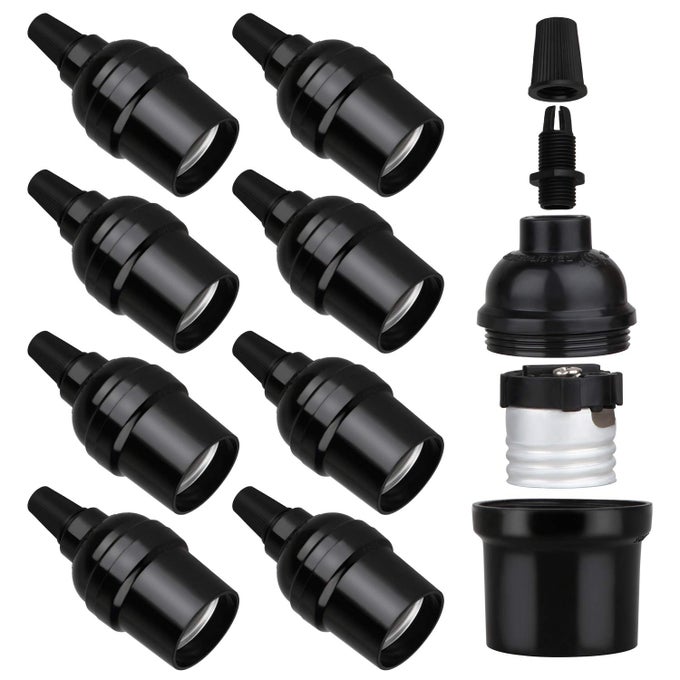 E26 E27 LIGHT SOCKETS 8 PACKS EDISON PERIOD RETRO STYLE PENDANT LAMP HOLDER REPLACEMENT DIY PENDANT E26 MEDIUM BASE SCREW LIGHT HOLDER MAXIMUM WATTAGE 100W VINTAGE BLACK LIGHT BULB SOCKET