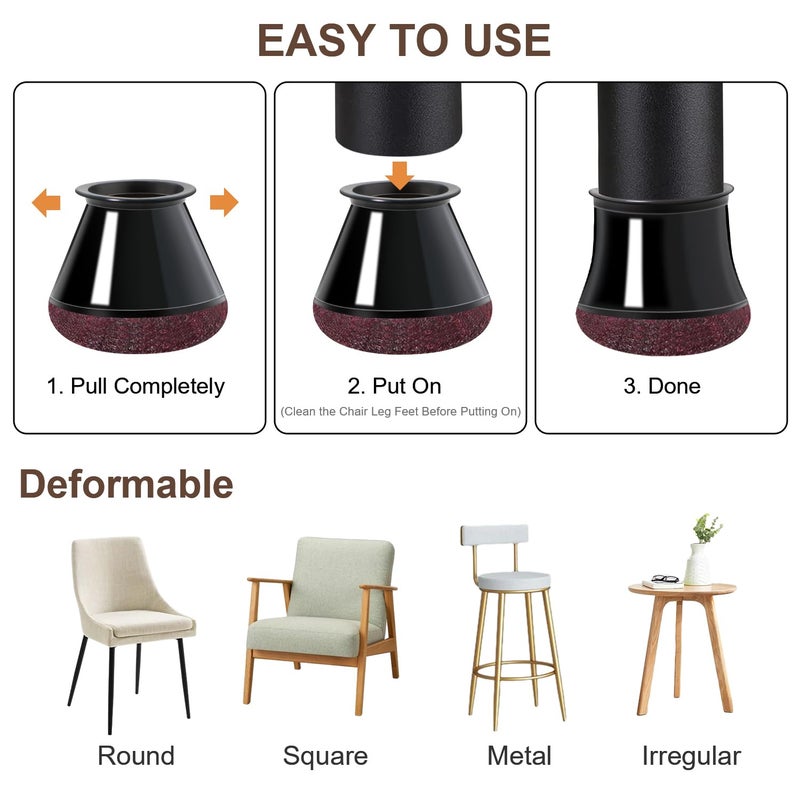 OCONDA 20 Pcs Chair Leg Floor Protectors For Hardwood Floors, Black Rubber Furniture Sliders With Felt, Silicone Furniture Leg Caps Covers, Fit Round Diameter (1.2"" To 1.4"") - Image 4