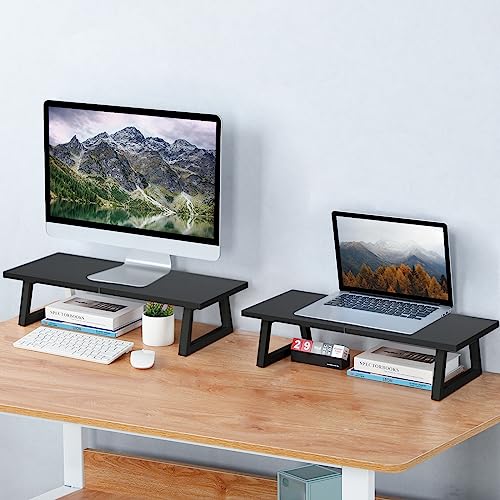 TEAMIX 24 inch Monitor Stand Riser, Black Wood & Steel Computer Monitor Stand with Storage, Laptop, PC, Printer Stand Riser for Desktop Office Desk Organizers - Image 2