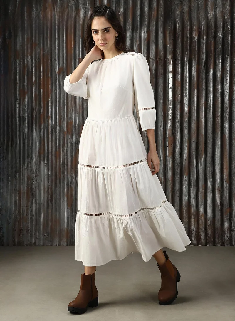 HIGH STAR Women's Off White Poplin Solid Midi A-Line Dress