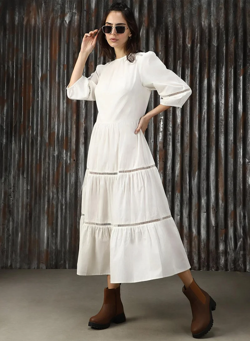 HIGH STAR Women's Off White Poplin Solid Midi A-Line Dress