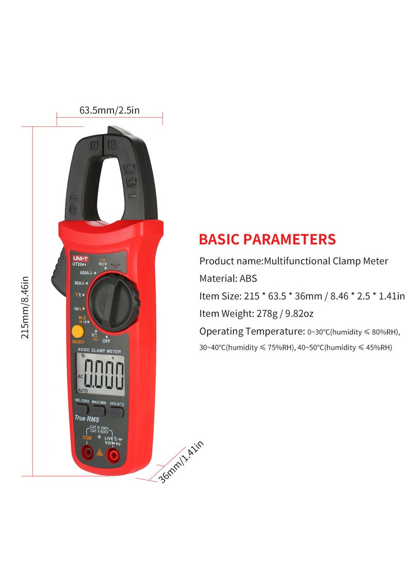 UNI-T - UT204+ 6000 Counts Digital Clamp Meter True RMS Multimeter Clamp Ammeter Voltage Meter NCV Test Universal Meter Tester AC/DC Current Clamp Tester -40~1000℃ Temperature Measurement LIVE Test - Image 1