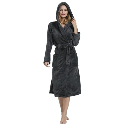 HEARTNICE Womens Hooded Fleece Robe, Soft Plush Bathrobe for Womens, Fluffy Cute Long House Coat (Dark Gray Hooded, L/XL) - Image 1