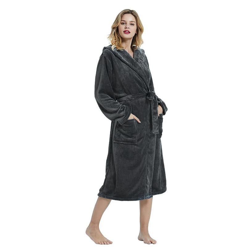 HEARTNICE Womens Hooded Fleece Robe, Soft Plush Bathrobe for Womens, Fluffy Cute Long House Coat (Dark Gray Hooded, L/XL) - Image 3