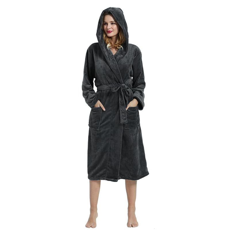 HEARTNICE Womens Hooded Fleece Robe, Soft Plush Bathrobe for Womens, Fluffy Cute Long House Coat (Dark Gray Hooded, L/XL) - Image 5