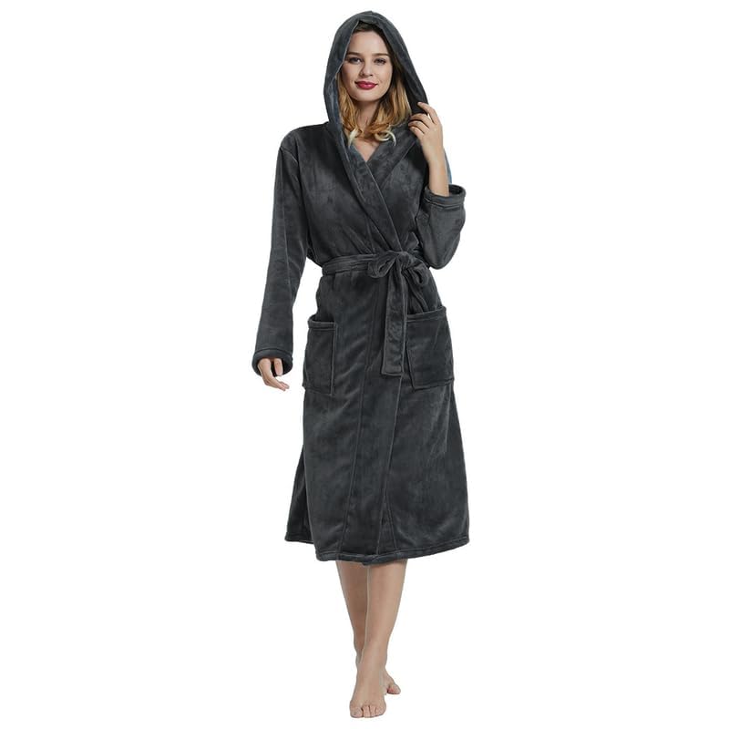 HEARTNICE Womens Hooded Fleece Robe, Soft Plush Bathrobe for Womens, Fluffy Cute Long House Coat (Dark Gray Hooded, L/XL) - Image 2