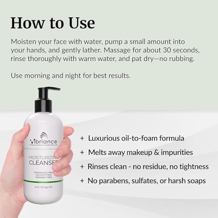 Vibriance Moisturizing Cleanser, Oil-to-Foam Face Wash with Niacinamide, Shea Butter for Mature Skin - Hydrating Gentle Facial Cleanser, Sensitive Face Wash, Sulfate-Free, 12 fl oz - Image 4