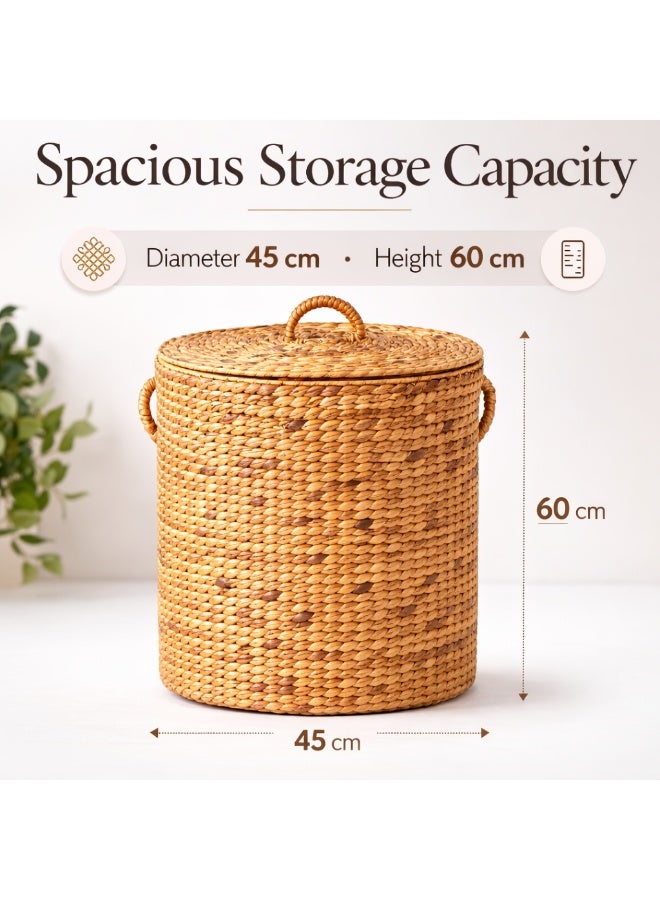 Homesmiths Water Hyacinth Laundry Basket with Lid & Handles – Large Natural Woven Storage Basket for Laundry, Blankets, Toys & Home Organization, Handwoven Decorative Hamper (Dia 45 x H60 cm) - Image 2
