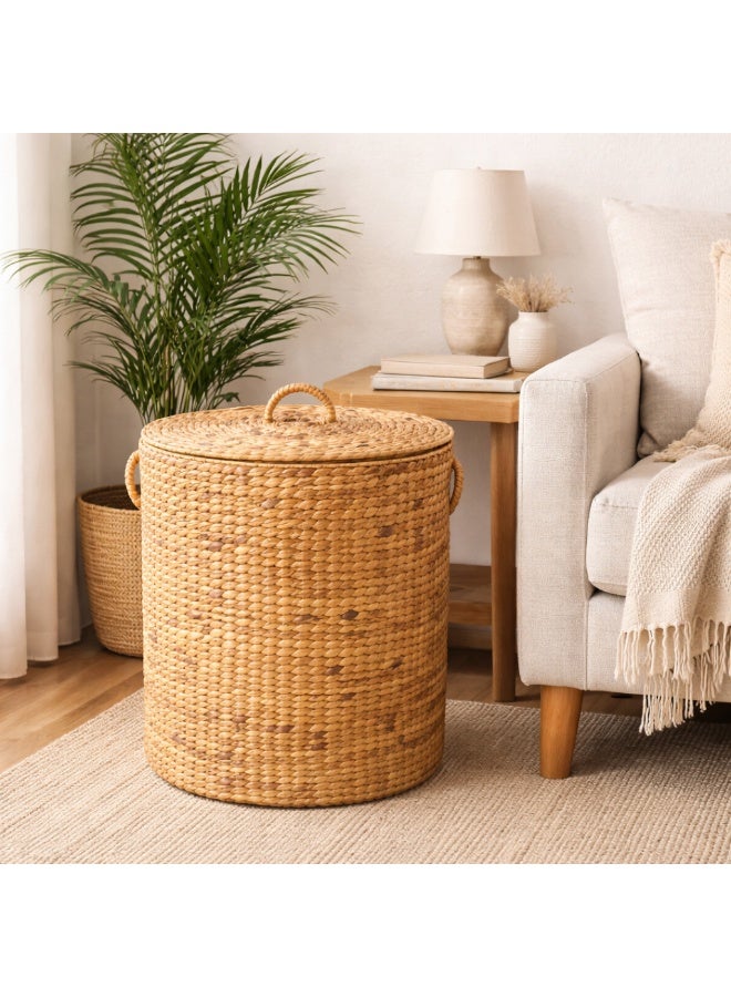 Homesmiths Water Hyacinth Laundry Basket with Lid & Handles – Large Natural Woven Storage Basket for Laundry, Blankets, Toys & Home Organization, Handwoven Decorative Hamper (Dia 45 x H60 cm) - Image 3