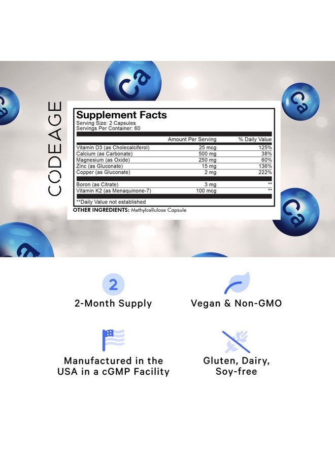 Codeage Calcium 500Mg Supplement + Magnesium Zinc Copper Boron Elemental Calcium Vitamin D3 Vitamin K2 Bones Teeth Immune System Support Pills 2Month Supply Vegan Nongmo 120 Capsules - Image 3