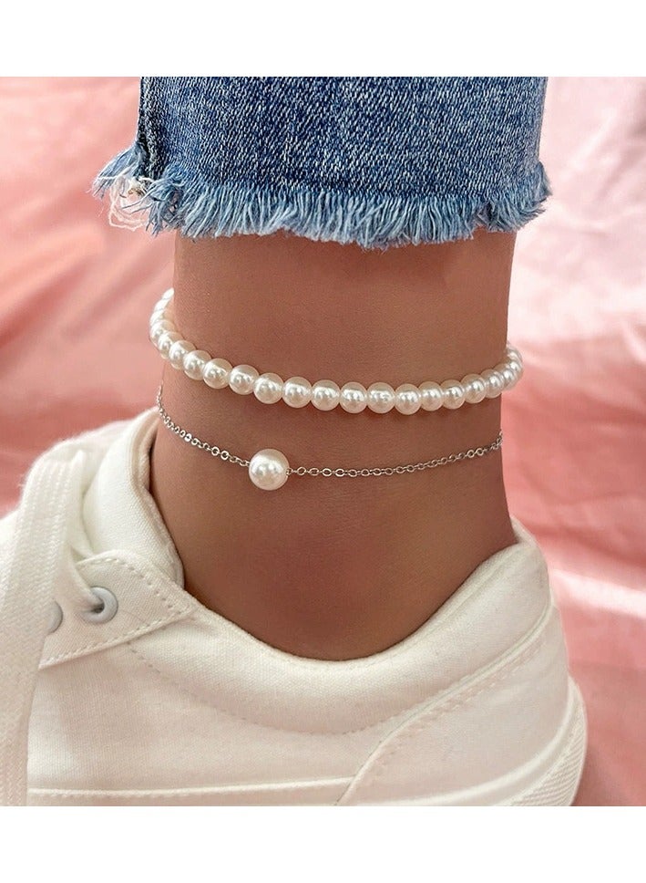 Goolsky Fashionable Minimalist Double-Layer Pearl Anklet Set – Two-Piece Versatile Foot Jewelry for Women
