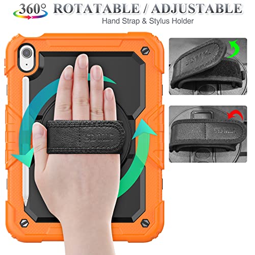 SEYMAC stock Case for iPad (A16) 11th/10th Generation 11''/10.9'' 2025/2022, Full-Body Drop Protection Case with Screen Protector &360° Rotate Hand Strap/Stand, Black+Orange - Image 2