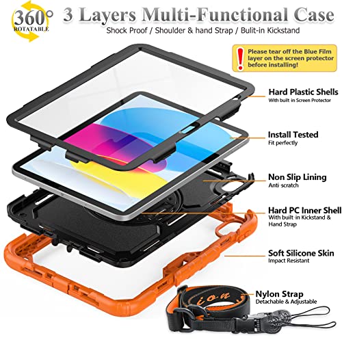 SEYMAC stock Case for iPad (A16) 11th/10th Generation 11''/10.9'' 2025/2022, Full-Body Drop Protection Case with Screen Protector &360° Rotate Hand Strap/Stand, Black+Orange - Image 5