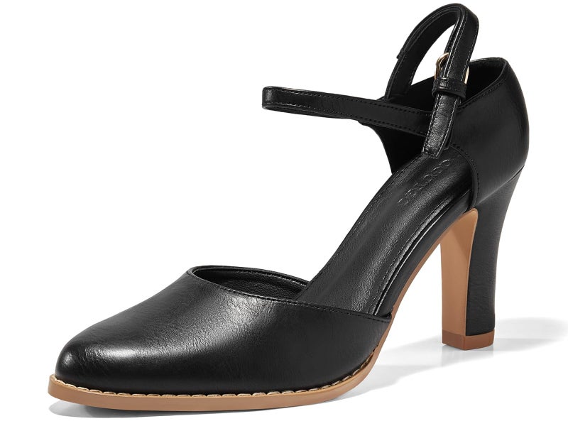 Coutgo Womens Chunky High Heels Closed Pointed Toe Ankle Strap Pumps Vintage D'Orsay Dress Party Shoes, Black, Size 7.5 - Image 1