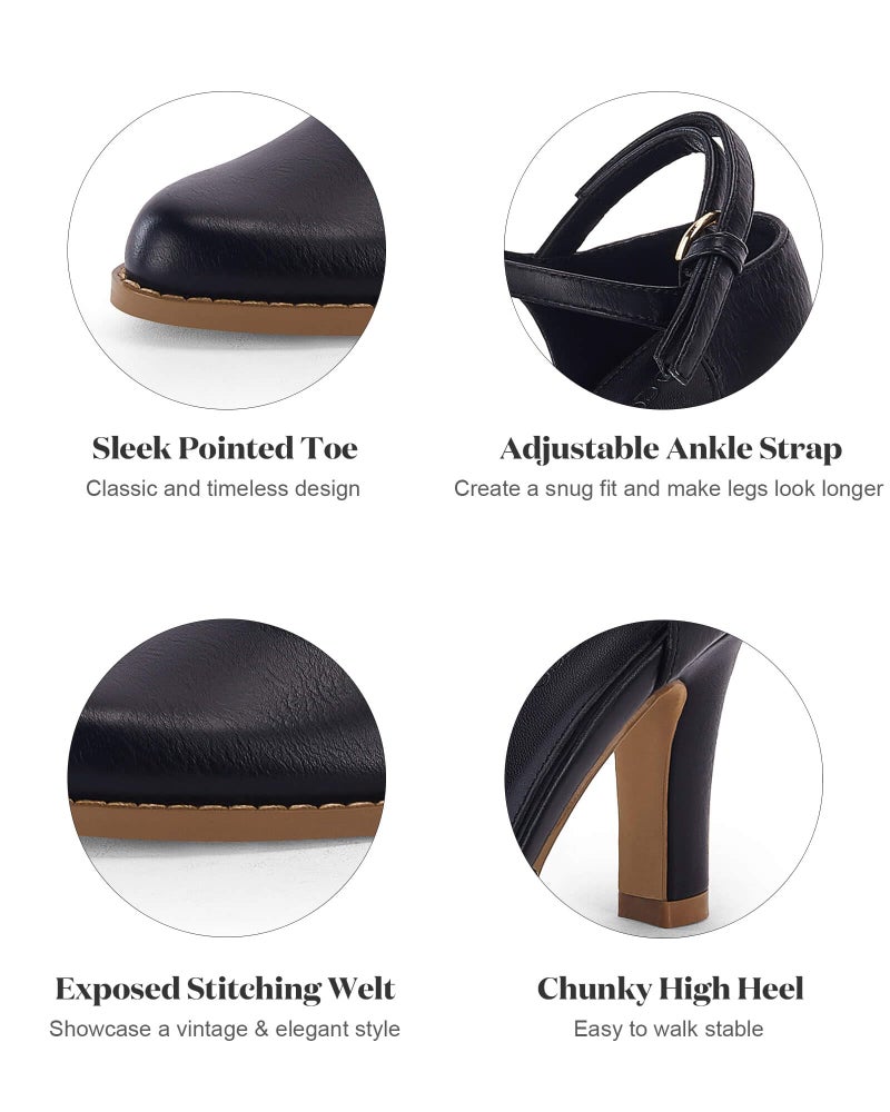 Coutgo Womens Chunky High Heels Closed Pointed Toe Ankle Strap Pumps Vintage D'Orsay Dress Party Shoes, Black, Size 7.5 - Image 5