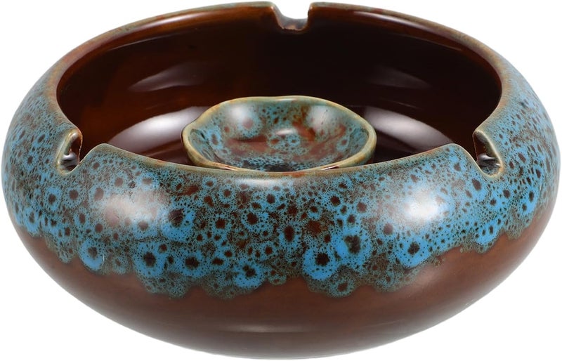 Large Ceramic Ashtray for Cigars and Cigarettes, Windproof Decorative Tray with Inner Curved Design, Blue Kiln-transformed Tabletop Ash Holder for Home, Office, Balcony Use - Image 1