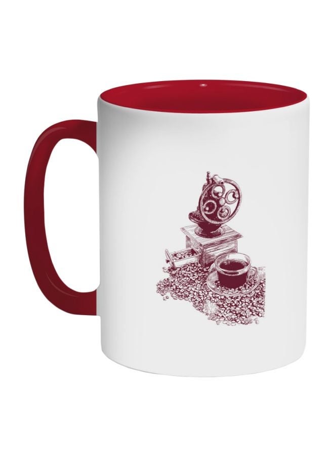 RYN Coffee Grinder And Bean Printed Coffee Mug Red/White/Brown 325ml
