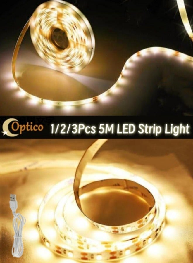Optico LED Strip Lights, 5M/16.4ft Cabinet Strip Lights USB Warm Tape Lights Self-Adhesive LED Strip Kit Home Lighting Decor for Bedroom, Kitchen, Under Cabinet, Stairs - Image 1