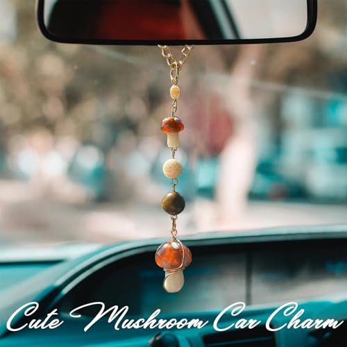 Qpige Mushroom Car Accessories for Women Cute Mushroom Hanging Ornament Boho Rear View Mirror Accessories Interior Car Decor Bag Charms Gifts for Women Girls (White) - Image 2